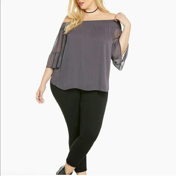 NWT Torrid 4X/26 Plus Size Off-Shoulder Smocked Chiffon Bell Sleeve Top - Picture 3 of 5